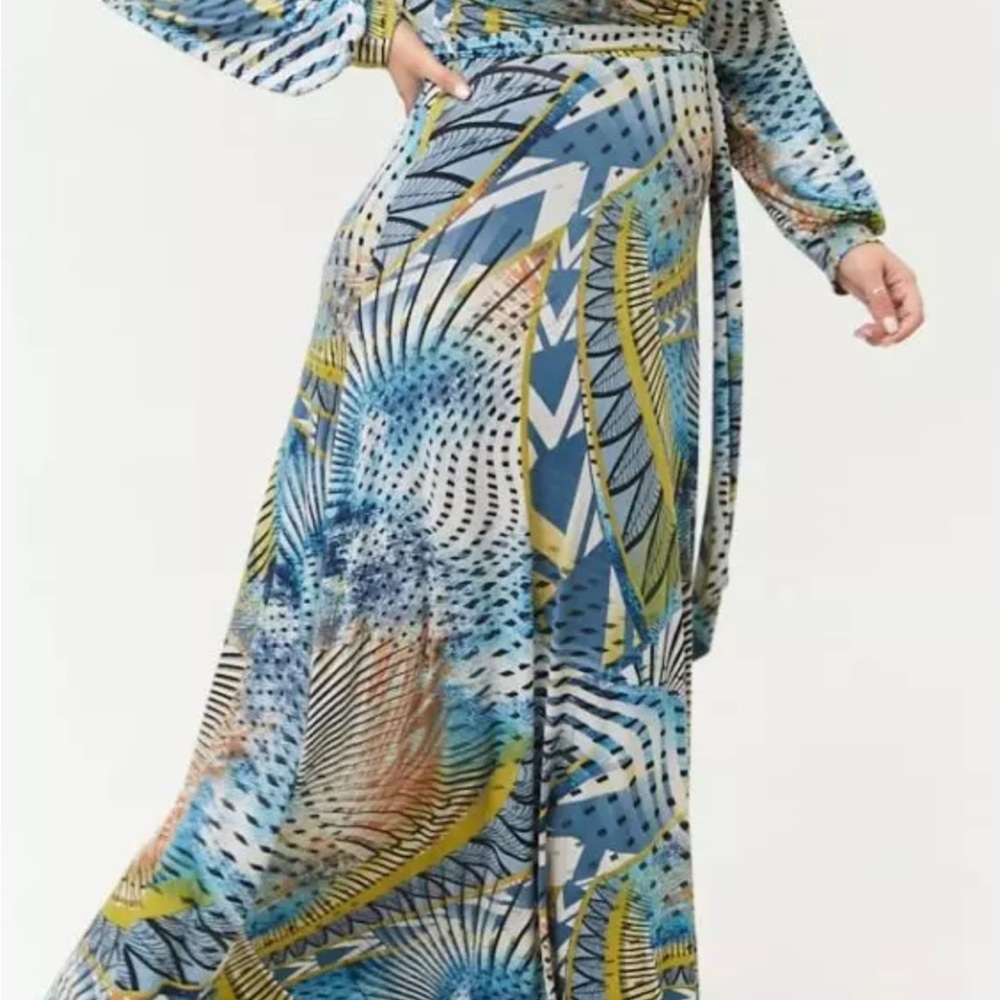 Elegant Blue and White Wrap Dress with Bishop Sleeves